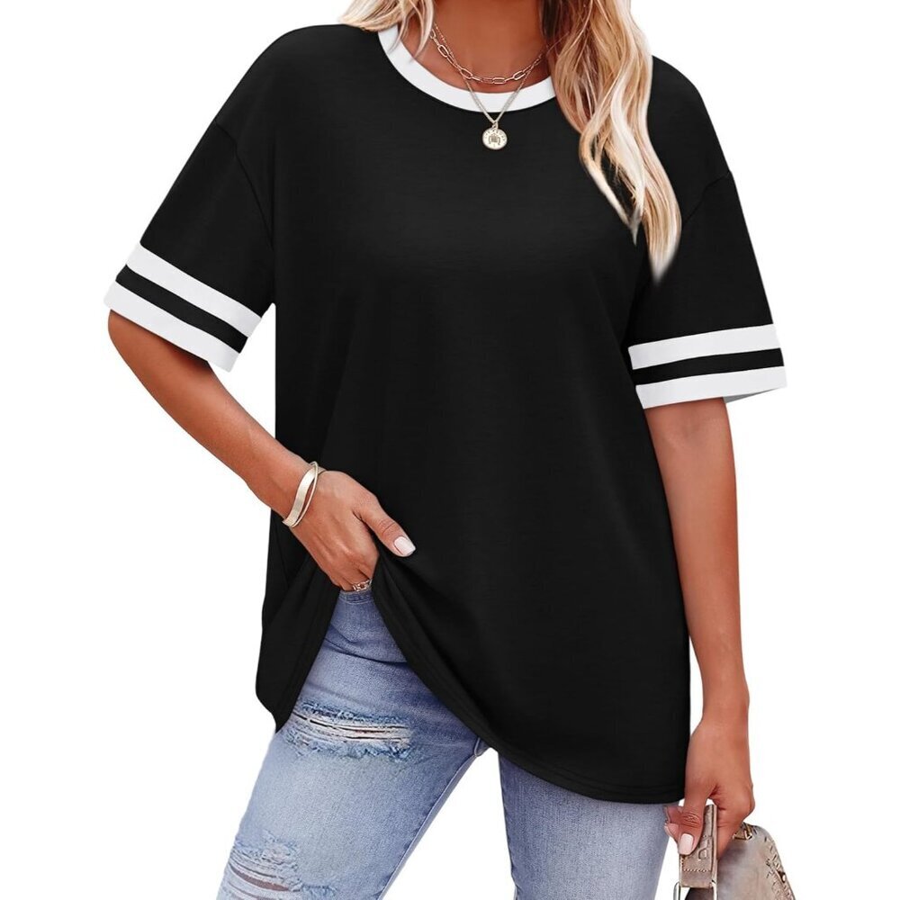 Women's Loose Fit Short Sleeve Crew Neck Color Block Summer Top